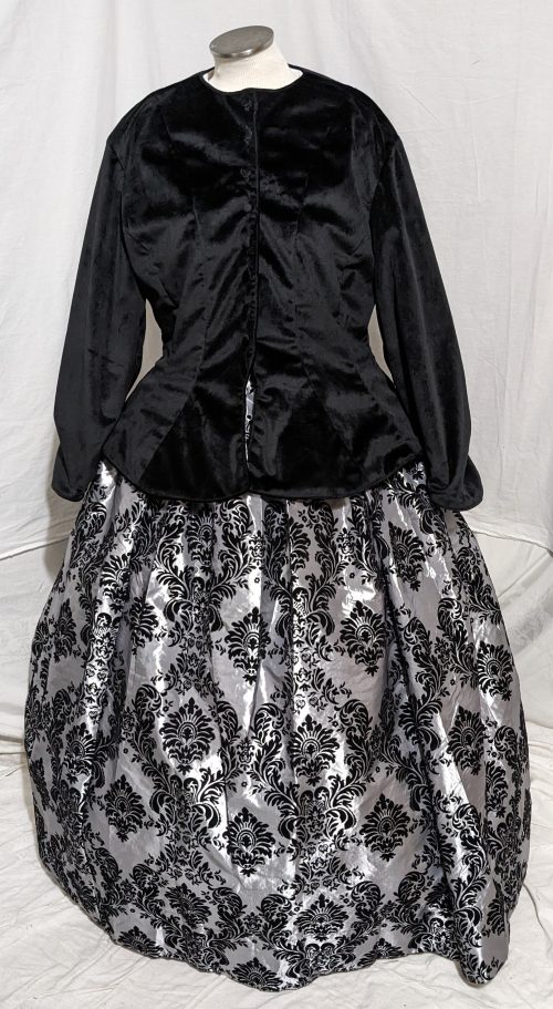 Walking Dress - Black Velvet Jacket with Silver and Black Flocked Skirt